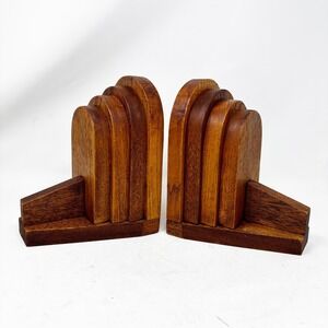 MCM Art Deco Style Wood Bookends Pair Fan Shape Medium Tone Home‎ Decor